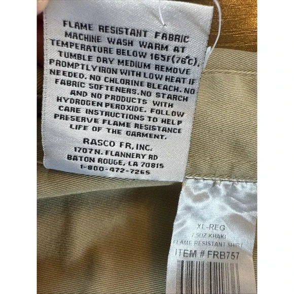 Rasco FR Flame Resistant Shirt Men XL Khaki Button Up Work Shirt Thrashed‎ - Picture 7 of 12